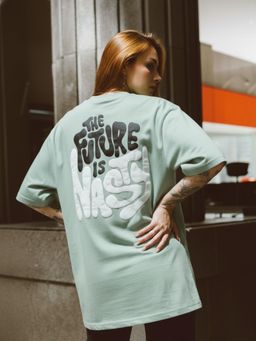 Oh Rare - Women Oversized Typography Round Neck Jade Green Printed T-shirt