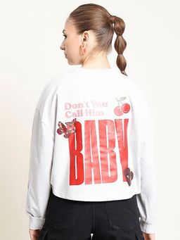 Bene Kleed - Women Grey Typography Printed Cropped Oversized Sweatshirt