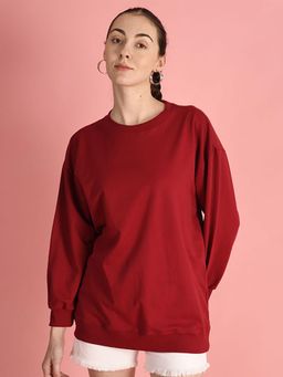 Bene Kleed - Women Solid Round Neck Cotton Oversize Pullover Sweatshirt