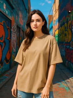 HAZUKU - Women Beige solid oversized Tshirt