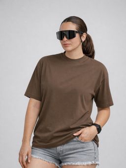 HAZUKU - Women Brown solid oversized Tshirt