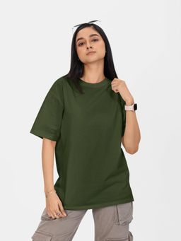HAZUKU - Women Olive solid oversized Tshirt