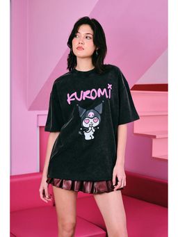 Bonkers Corner - Kuromi Trouble Faded Black Oversized T-shirt For Women