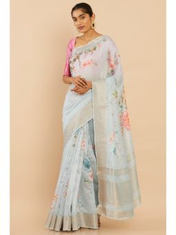 Soch - Women Blue Chanderi Floral Saree with Unstitched Blouse