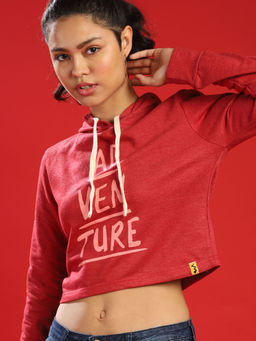 Campus Sutra - Maroon Women Printed Crop Casual Hooded Sweatshirts