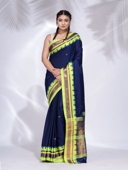 CHARUKRITI - Navy Blue Silk Handwoven Soft Saree with Geometric Border with Unstitched Blouse