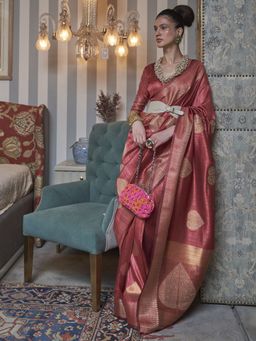 Akhilam - Womens Silk Blend Maroon Embellished Designer Saree with Unstitched Blouse