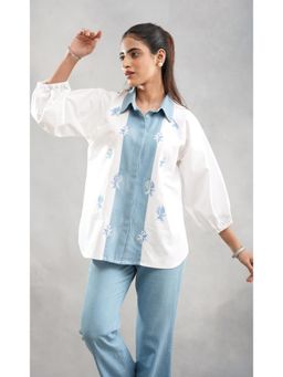 SAKSHI G CHAWLA - Kaia White Denim Floral Casual Shirt