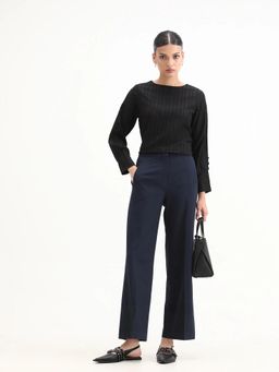 RAREISM - Women Navy Blue Solid Straight Fit Trouser