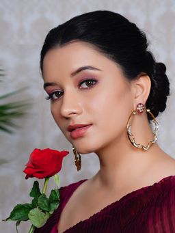 Designbox - Maroon Hoop Earrings with Meenakari and Kundan