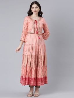 NEERU'S - Peach Straight Casual Printed Maxi Dress