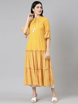 NEERU'S - Mustard Straight Casual Printed Midi Dress