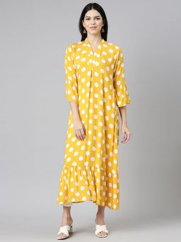 NEERU'S - Mustard Straight Casual Printed Midi Dress