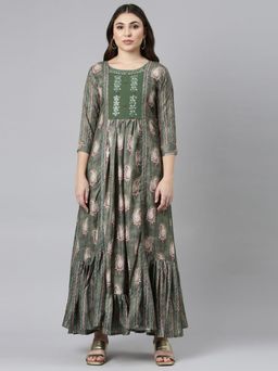 NEERU'S - Green Flared Casual Printed maxi Dress