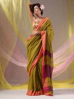 CHARUKRITI - Mustard Cotton Handloom Woven Soft Tassels Saree with Unstitched Blouse