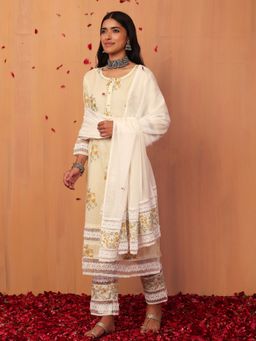 Indya - White and Yellow Printed Cotton Kurta with Pants & Dupatta (Set of 3)