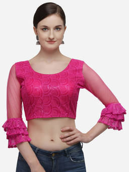 Amrutam Fab - Womens Embroidered Pink Net Stiched Blouse With Round Neck