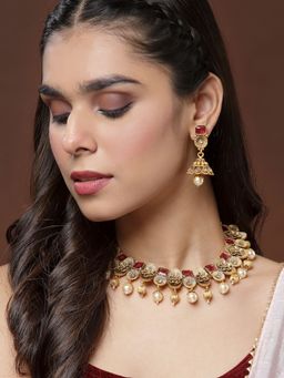 PANASH - Antique Gold Plated Red Stone Handcrafted Pearl Choker Jewellery (Set of 2)