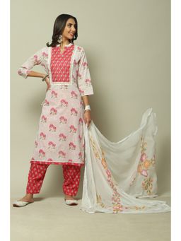 Biba - Red Cotton Unstitched Suit (Set of 3)