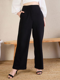 Magre - Women Lycra Solid Black High Waist Wide Legged Trouser
