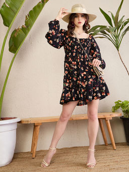 Magre - Women Cotton Floral Printed Black Square Neck Mini Dress