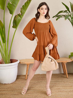 Magre - Women Polyester Solid Rust Square Neck Mini Dress