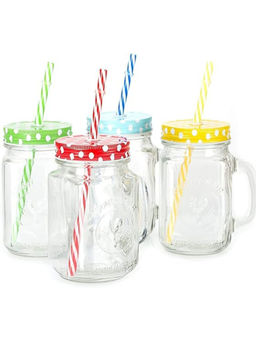 Premsons - Mason Glass Jar with Reusable Straw Transparent