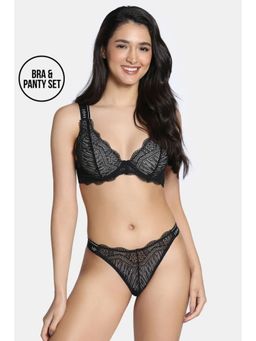 Zivame - Romance Single Layered Wired Low Demi Coverage Bra with Thong Black (Set of 2)