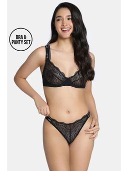 Zivame - Romance Single Layered Wired Low Demi Coverage Bra with Thong Black (Set of 2)