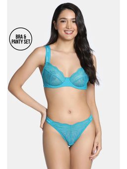 Zivame - Romance Single Layered Wired Low Demi Coverage Bra with Thong - Turquoise (Set of 2)
