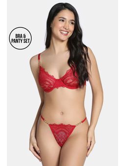 Zivame - Cosmic Romance Single Layered Wired Medium Coverage Lace Bra with Thong - Red (Set of 2)