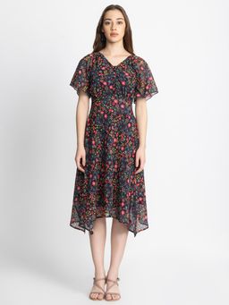 SHAYE - V-neck Black and Pink Floral Printed Short Sleeves Casual Dress for Women