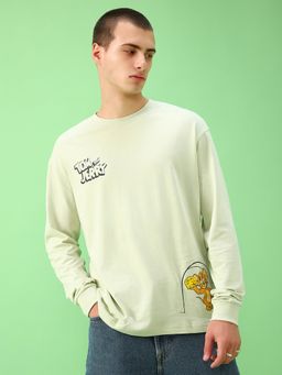 Bewakoof - Official Tom & Jerry Men's Green More Cheese Graphic Printed Oversized T-shirt