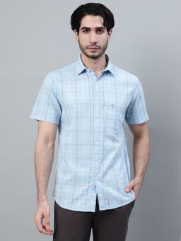 Cantabil - Men Sky Blue Checkered Half Sleeve Casual Shirt