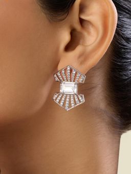 Isharya - White Jazz Line Deco Studs In Rhodium Plated Earrings