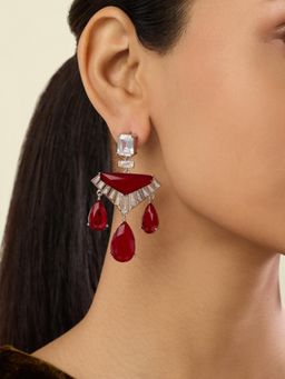 Isharya - Red Angular Ruby Danglers In Rhodium Plated Earrings