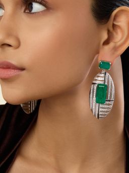 Isharya - Green Bijou Danglers In Rhodium Plated Earrings