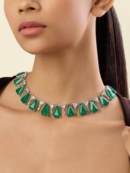 Isharya - Green Clara Collar Necklace In Rhodium Plated