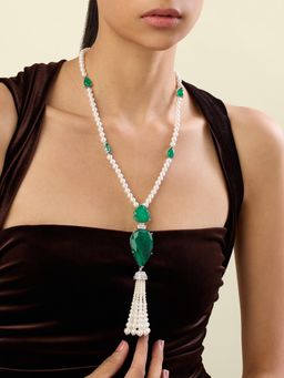 Isharya - Green Esme Emerald Tassel Necklace In Rhodium Plated