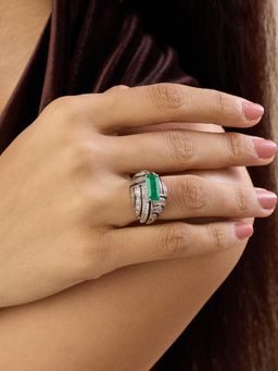 Isharya - Green Leda Cocktail Ring In Rhodium Plated
