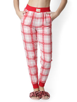 Bstories - Women Woven Cotton Pink Checked Full Length Jogger Cuff Pyjama