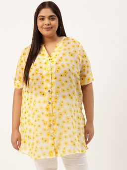 theRebelinme - Womens Yellow andOff White Printed Longline Shirt
