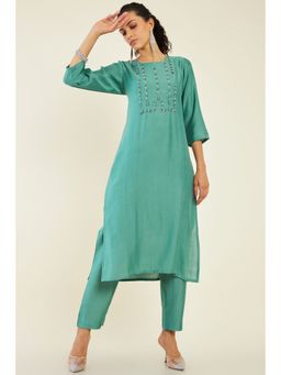 Soch - Women Green Viscose Embroidered Kurta (Set of 2)