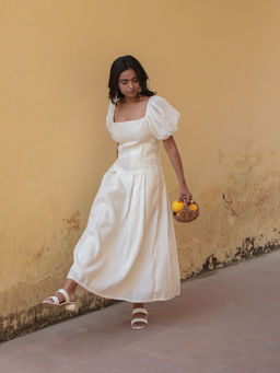 Moonstruck - White Self Textured Box Pleated Maxi Dress