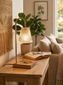 Metalsmith - Modern Candle Warmer Lamp With Fluted Glass Shade & Wooden Base