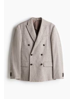 H&M - Men Beige Relaxed Fit Double-Breasted Linen-Blend Jacket