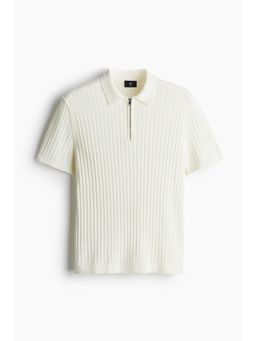 H&M - Men White Slim Fit Rib-Knit Polo Shirt