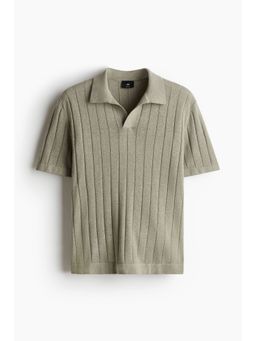 H&M - Men Green Regular Fit Linen-Blend Polo Shirt