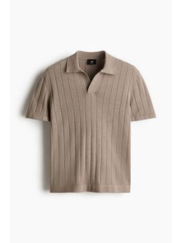 H&M - Men Beige Regular Fit Linen-Blend Polo Shirt