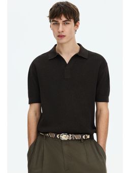 H&M - Men Brown Regular Fit Cable-Knit Polo T-Shirt